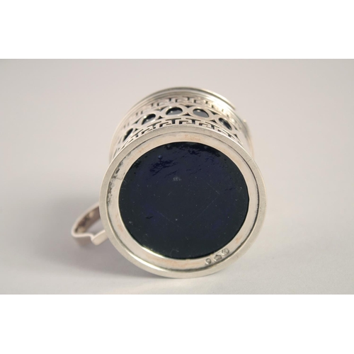 1696 - A VICTORIAN CIRCULAR PIERCED MUSTARD POT AND COVER with handles and sapphire blue liner. Birmingham ... 