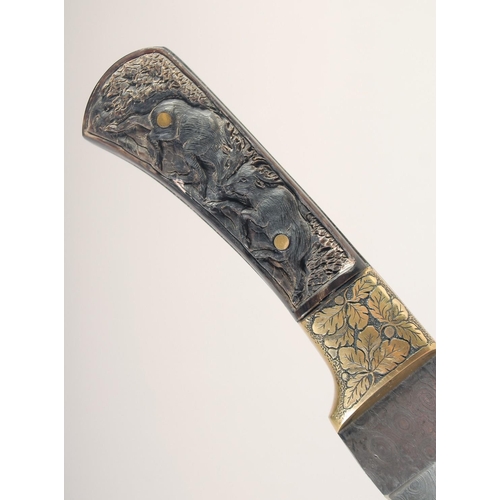 110 - A DAMASCUS STEEL HUNTING KNIFE, 20th century, single edged Damascus blade, oak leaf decorated mounts... 