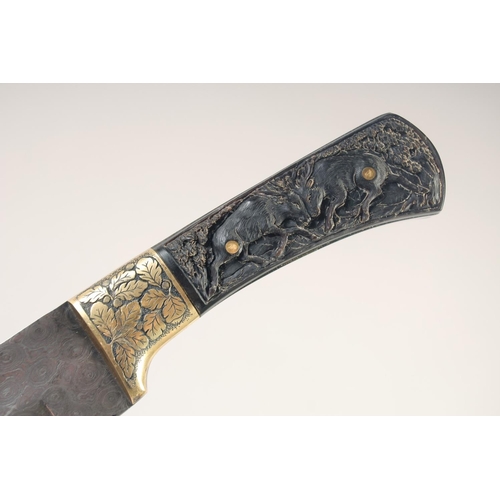 110 - A DAMASCUS STEEL HUNTING KNIFE, 20th century, single edged Damascus blade, oak leaf decorated mounts... 