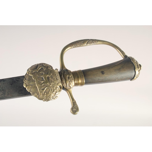 120 - A FRENCH HUNTING HANGER, early 18th century, straight double fullered engraved blade, brass shell gu... 