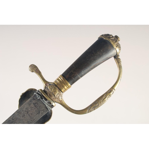 120 - A FRENCH HUNTING HANGER, early 18th century, straight double fullered engraved blade, brass shell gu... 