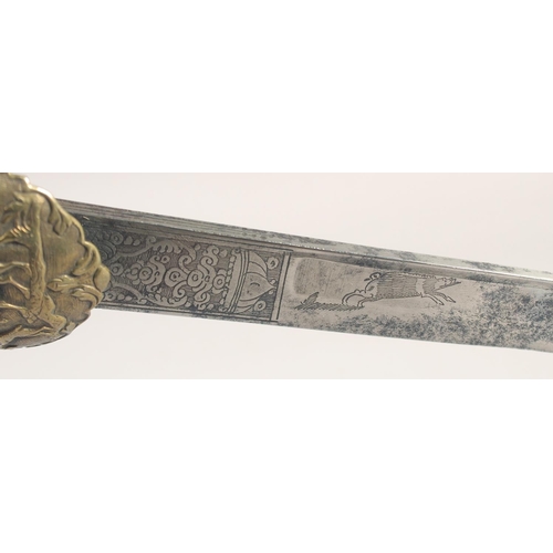 120 - A FRENCH HUNTING HANGER, early 18th century, straight double fullered engraved blade, brass shell gu... 