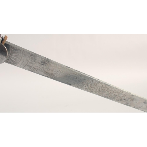 121 - A FINE GERMAN HUNTING HANGER, early 19th century, wide single edged spear tipped blade finely etched... 