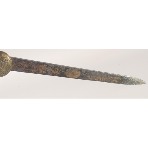 124 - A GERMAN HUNTING SWORD, early 19th century. straight double edged blue & gilt decorated blade, brass... 