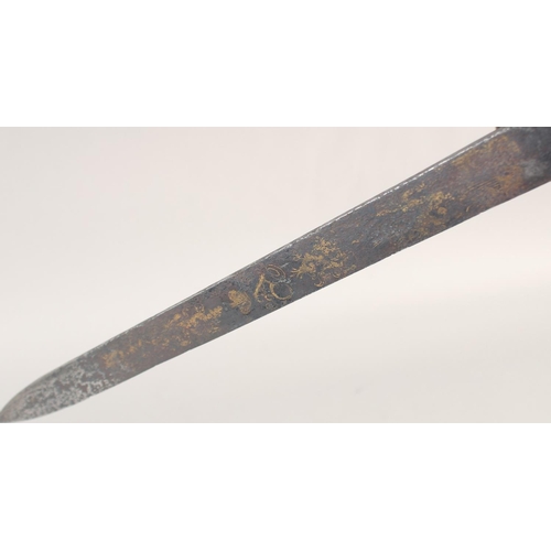 124 - A GERMAN HUNTING SWORD, early 19th century. straight double edged blue & gilt decorated blade, brass... 