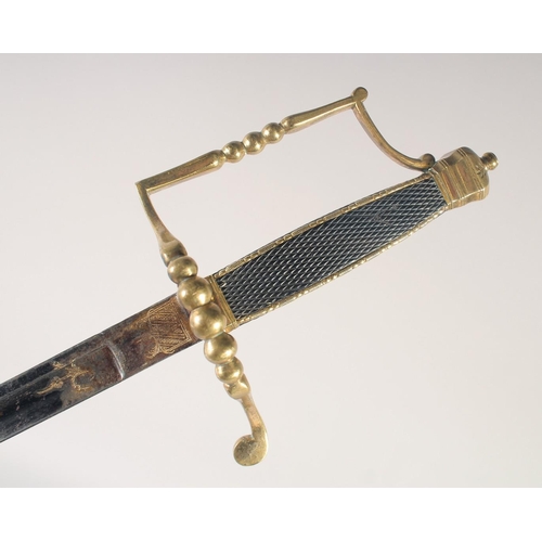 130 - A FRENCH SPADROON, circa 1780, slender blue & gilt straight blade decorated with trophies of arms, f... 