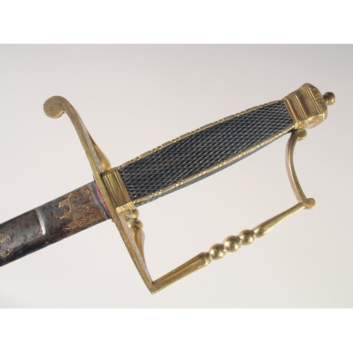 130 - A FRENCH SPADROON, circa 1780, slender blue & gilt straight blade decorated with trophies of arms, f... 