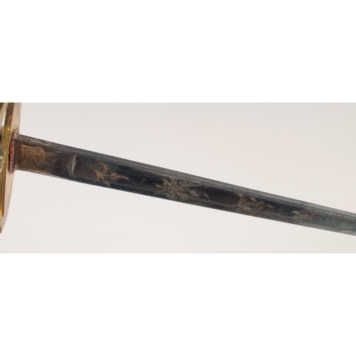 130 - A FRENCH SPADROON, circa 1780, slender blue & gilt straight blade decorated with trophies of arms, f... 