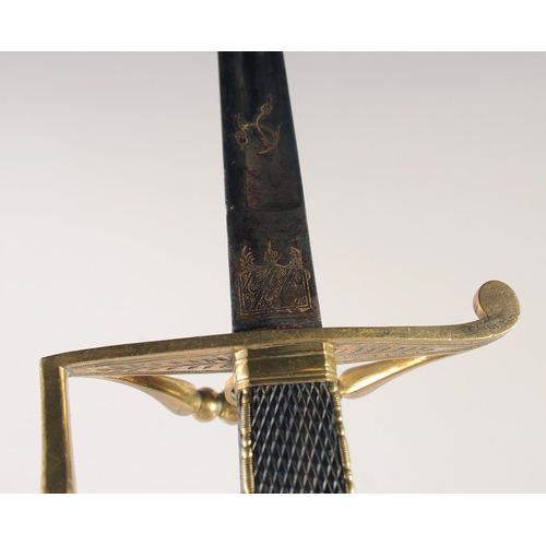 130 - A FRENCH SPADROON, circa 1780, slender blue & gilt straight blade decorated with trophies of arms, f... 