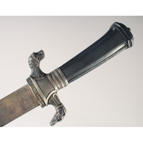 131 - A FINE GERMAN HUNTING SWORD, circa 1820, straight single edged blade etched with hunting trophies & ... 