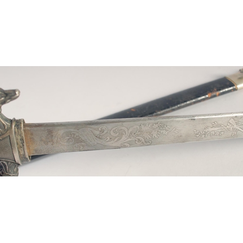 131 - A FINE GERMAN HUNTING SWORD, circa 1820, straight single edged blade etched with hunting trophies & ... 