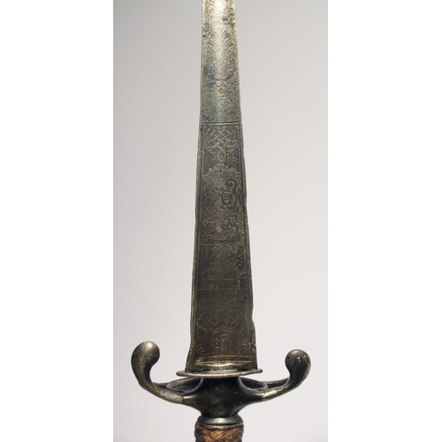 132 - A SMALL SWORD, early 18th century, slender etched blade of hollow triangular section, steel downturn... 