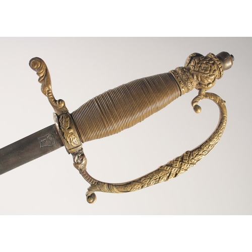 141 - A CONTINENTAL COURT SWORD, late 19th century, slender oval section straight blade, gilt quillon & kn... 