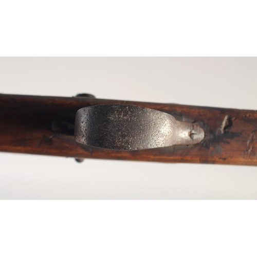 147 - AN ENGLISH STONE BOW, circa 1770, beech stocked with iron mounts, iron bow, folding fore sight, fold... 