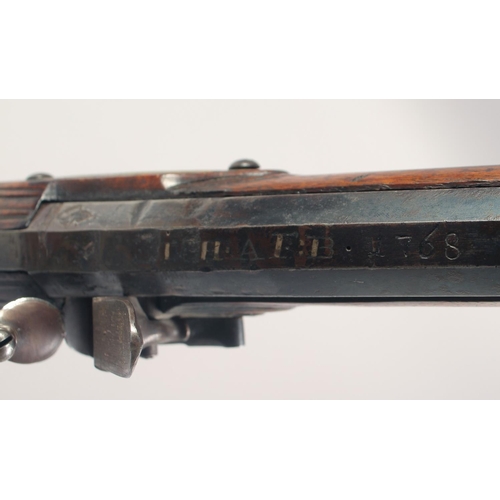 152 - A GERMAN FLINTLOCK SPORTING GUN, dated 1768, 13 bore octagonal 29.5 in barrel, indistinctly signed &... 