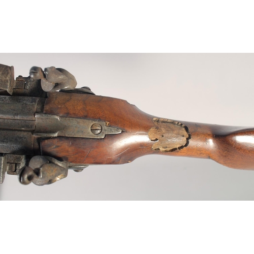 153 - A DOUBLE-BARRELLED FLINTLOCK GERMAN SPORTING GUN, circa 1780, octagonal to round 18 bore 33in barrel... 