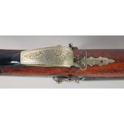 160 - A DOUBLE-BARRELLED PERCUSSION SPORTING GUN, circa 1850, round 16 bore 31in Damascus barrels with rai... 