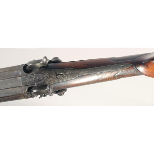 160 - A DOUBLE-BARRELLED PERCUSSION SPORTING GUN, circa 1850, round 16 bore 31in Damascus barrels with rai... 