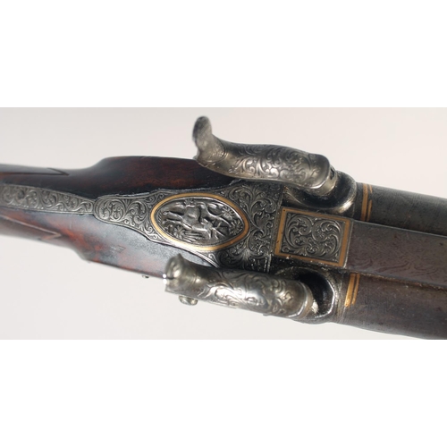 162 - A HIGH QUALITY GERMAN DOUBLE-BARRELLED PERCUSSION SPORTING GUN, circa 1850, 16 bore 29in Damascus ba... 