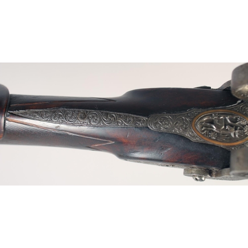 162 - A HIGH QUALITY GERMAN DOUBLE-BARRELLED PERCUSSION SPORTING GUN, circa 1850, 16 bore 29in Damascus ba... 