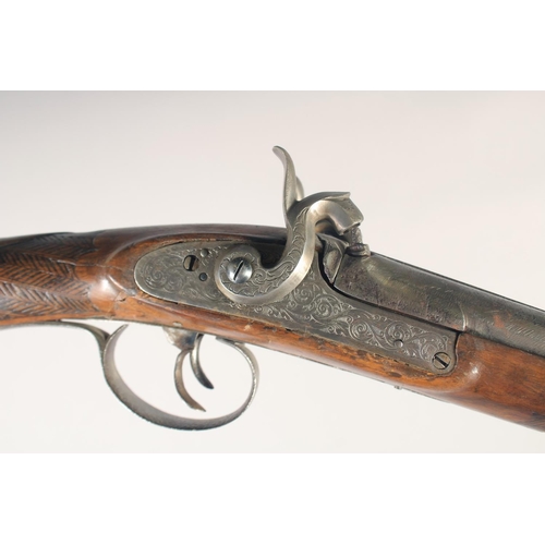 166 - A GERMAN DOUBLE BARRELED PERCUSSION SPORTING GUN, circa 1850, round 20 bore 32.5 in barrels, flat sc... 