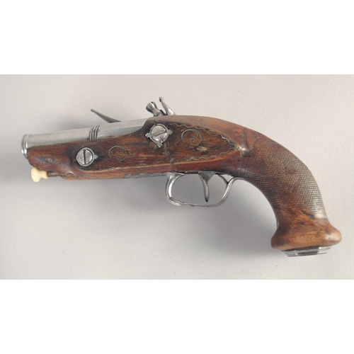 167 - A FRENCH FLINTLOCK POCKET PISTOL, circa 1810, octagonal to round 50 bore 3.25 in barrel, lock signed... 