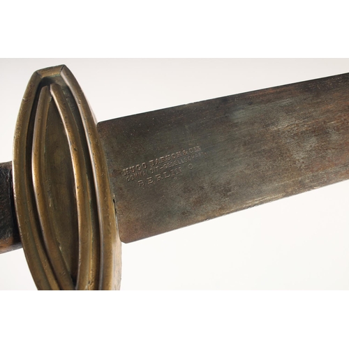 169 - A THEATRICAL REPLICA OF A VIKING SWORD, early 20th century, wide 28in blade stamped 'Hugo Baruch & C... 