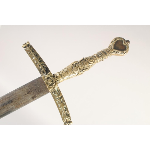 174 - A THEATRICAL REPLICA OF A KNIGHTLY SWORD, early 20th century, straight pointed 33.5 in blade, cast b... 