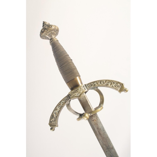 175 - A REPLICA OF A RAPIER, early 20th century, narrow double edged 32in blade, brass hilt, downturned qu... 