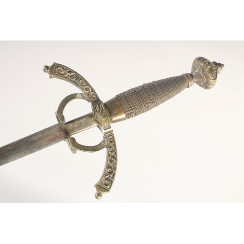 175 - A REPLICA OF A RAPIER, early 20th century, narrow double edged 32in blade, brass hilt, downturned qu... 