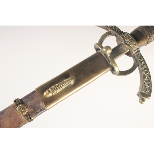 175 - A REPLICA OF A RAPIER, early 20th century, narrow double edged 32in blade, brass hilt, downturned qu... 