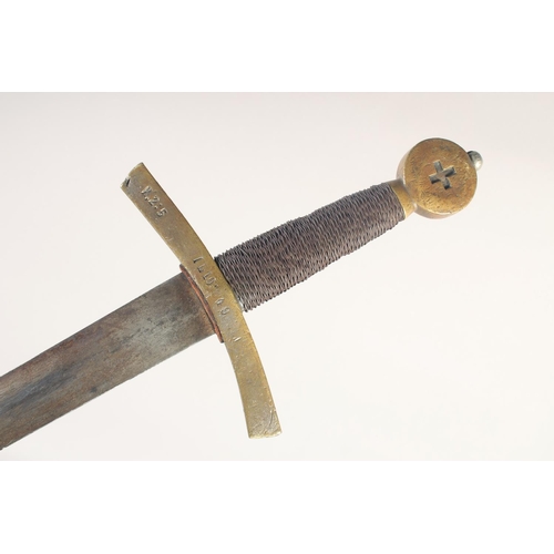 182 - A THEATRICAL REPLICA OF A KNIGHTLY SWORD, early 20th century, long double edged tapered 34.5 in blad... 