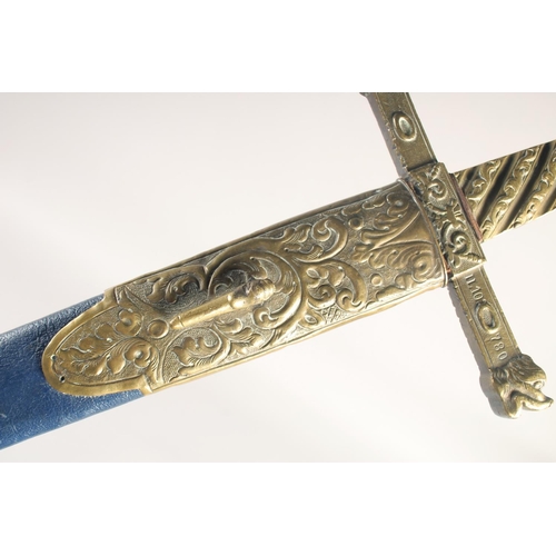 189 - A REPLICA OF A KNIGHTLY SWORD, early 20th century, straight edged pointed 36in blade, brass crucifor... 