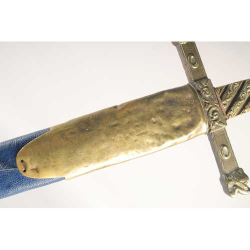 189 - A REPLICA OF A KNIGHTLY SWORD, early 20th century, straight edged pointed 36in blade, brass crucifor... 