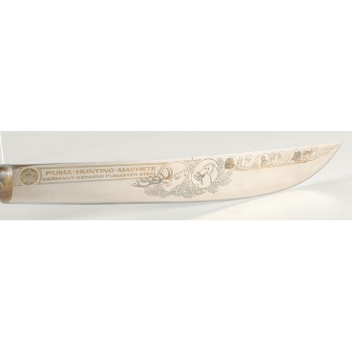 19 - PUMA-HUNTING-MACHETTE, GENUINE PUMASTER STEEL, ENGRAVED WITH VIGNETTES OF BOAR, DEER, MOOSE, BEAR, 2... 