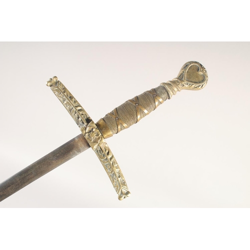 192 - A REPLICA OF A KNIGHTLY SWORD, early 20th century, slender fullered straight pointed 29in blade, cas... 