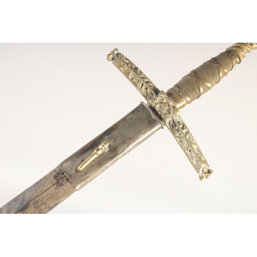 192 - A REPLICA OF A KNIGHTLY SWORD, early 20th century, slender fullered straight pointed 29in blade, cas... 