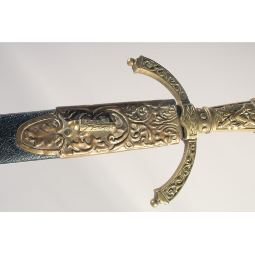 201 - A THEATRICAL REPLICA OF A KNIGHTLY SWORD, early 20th century, straight pointed 34in blade, cast bras... 