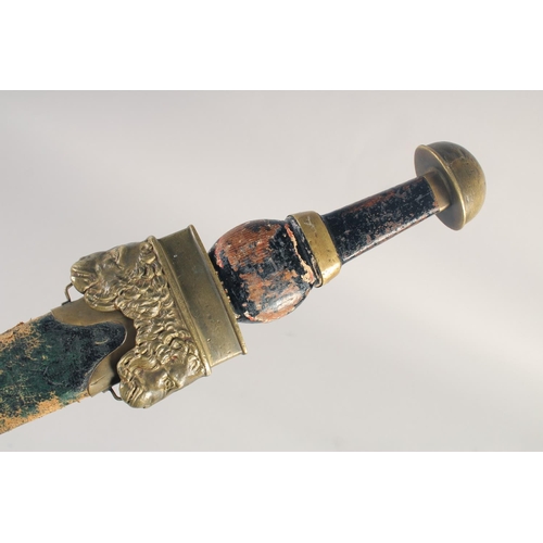 202 - A REPLICA OF A PERSIAN STYLE SWORD, early 20th century, straight blunt 28in blade, wooden grip with ... 