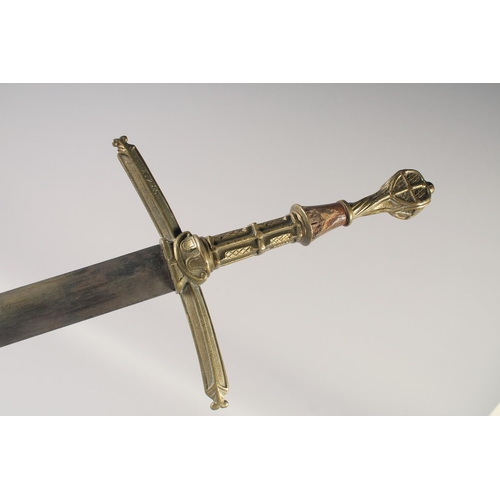 210 - A REPLICA OF A KNIGHTLY SWORD, early 20th century, straight pointed 34in blade, cast brass hilt, dow... 