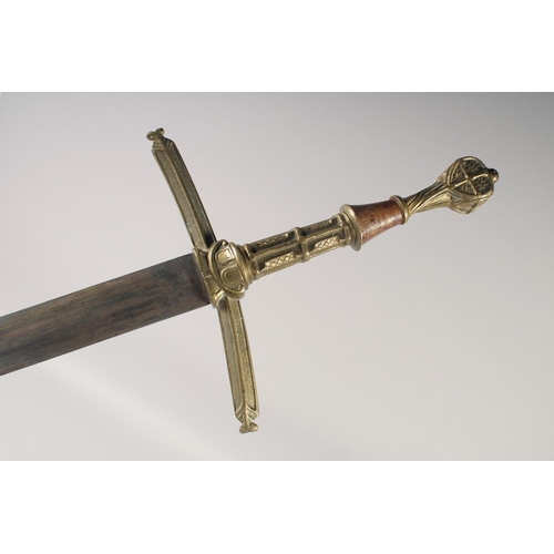 210 - A REPLICA OF A KNIGHTLY SWORD, early 20th century, straight pointed 34in blade, cast brass hilt, dow... 