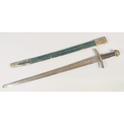 217 - A REPLICA OF A KNIGHTLY SWORD, early 20th century, double edged twin fullered pointed 32 ½ in blade,... 