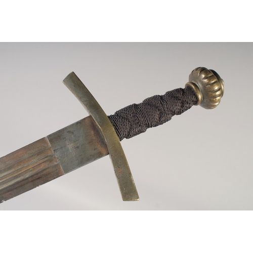 217 - A REPLICA OF A KNIGHTLY SWORD, early 20th century, double edged twin fullered pointed 32 ½ in blade,... 