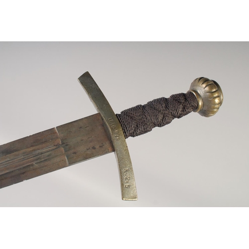 217 - A REPLICA OF A KNIGHTLY SWORD, early 20th century, double edged twin fullered pointed 32 ½ in blade,... 