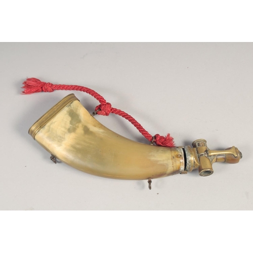 224 - A LARGE FRENCH POWDER HORN, mid-19th century, flattered cow horn body, with brass adjustable spout e... 