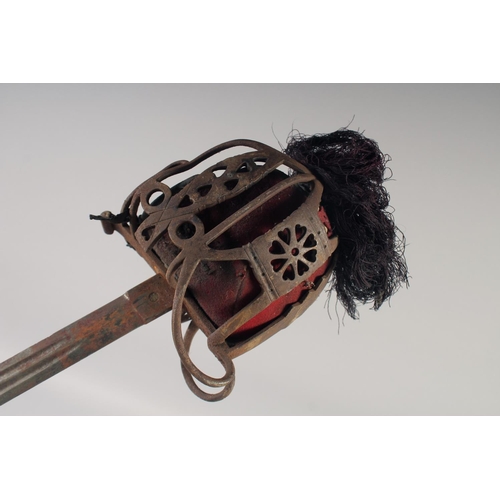 226 - A RARE SCOTS GUARDS 1828 PATTERN BASKET HILT SWORD, mid-19th century, double edged fullered 32in bla... 