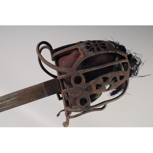 226 - A RARE SCOTS GUARDS 1828 PATTERN BASKET HILT SWORD, mid-19th century, double edged fullered 32in bla... 