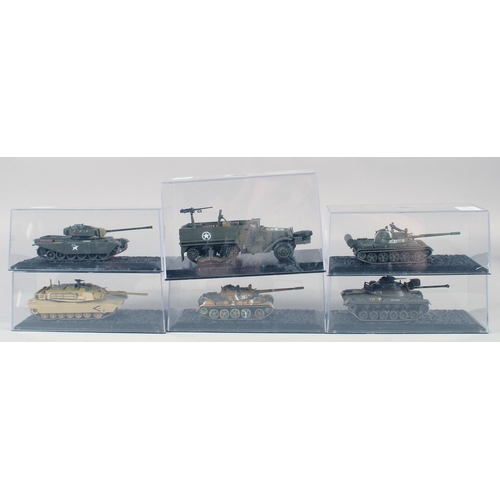 280 - SIX VARIOUS DIECAST TANKS AND TRUCKS, in a Perspex case.