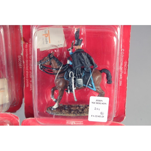 291 - DEL PRADO, SIX DIE CAST SOLDIERS ON HORSEBACK, in a Perspex case, (6).