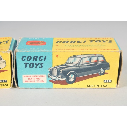 298 - CORGI TOYS, Austin Taxi 418 and Ford Zephyr Motorway Control. Boxed (2).